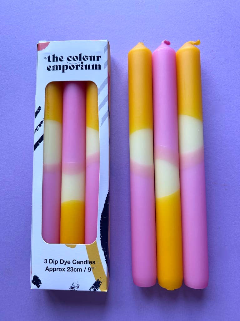 The Colour Emporium set of three Spring Trio of dip dyed candles in tangerine, white and bright pink