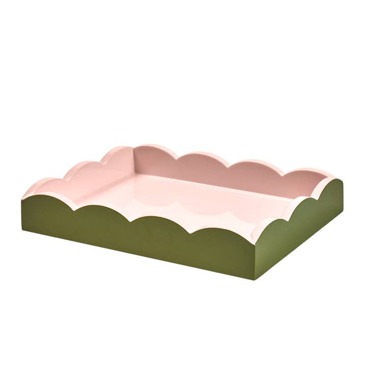 Addison Ross - Two-Tone Scallop Tray Khaki & Pink 28 x 20cm Lacquer - Decorative tray with scalloped edge in pink and green on a white background