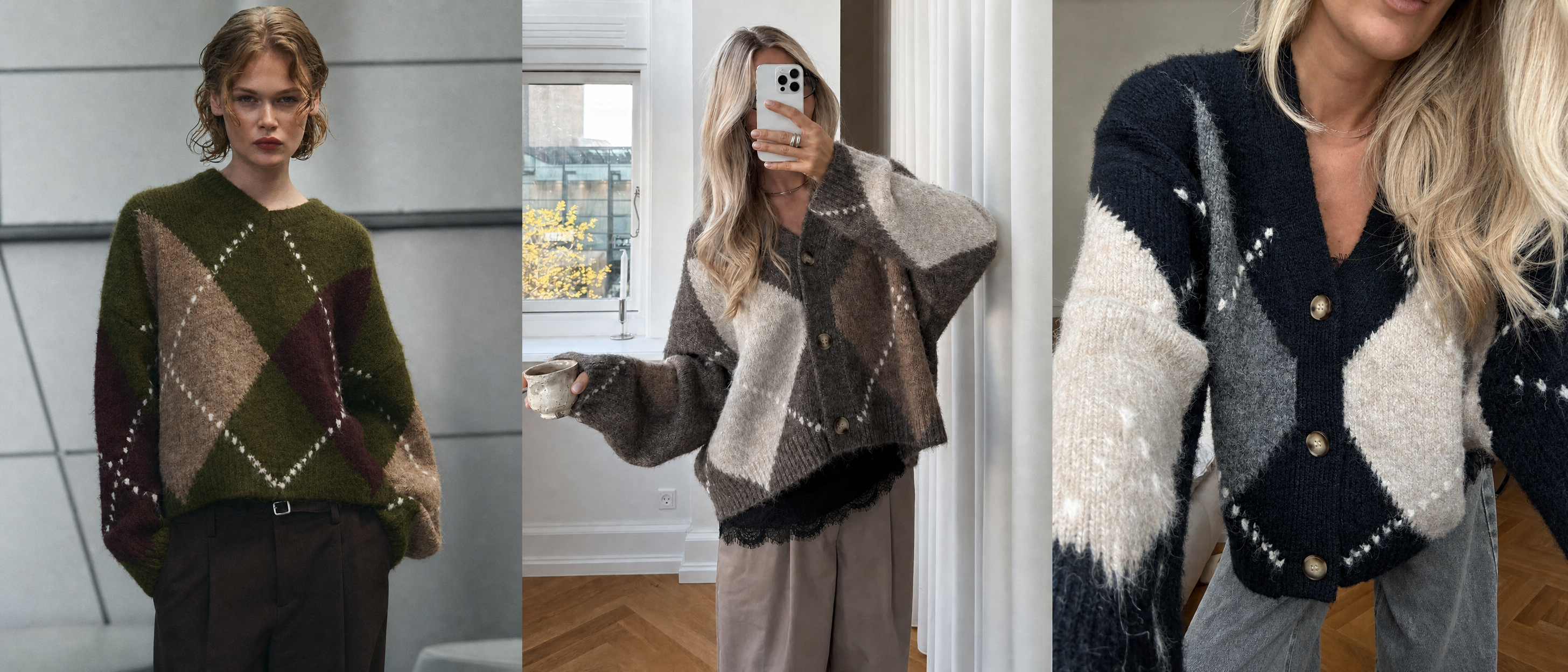 Three women modeling different Noella knit cardigans in a split-screen layout. The left cardigan is olive green with brown and burgundy argyle diamonds.