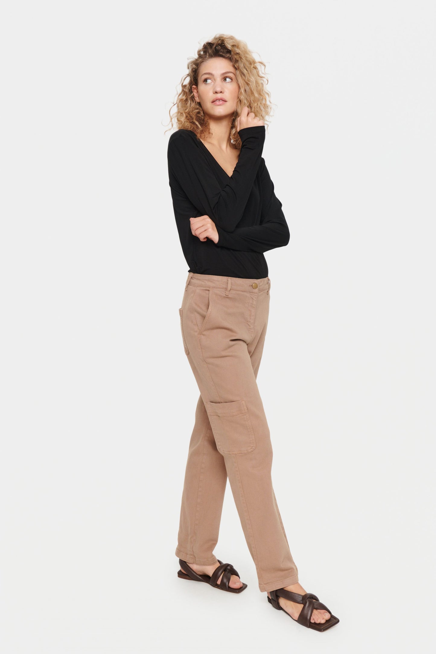 slim leg sand coloured cargo pant with side patch pockets