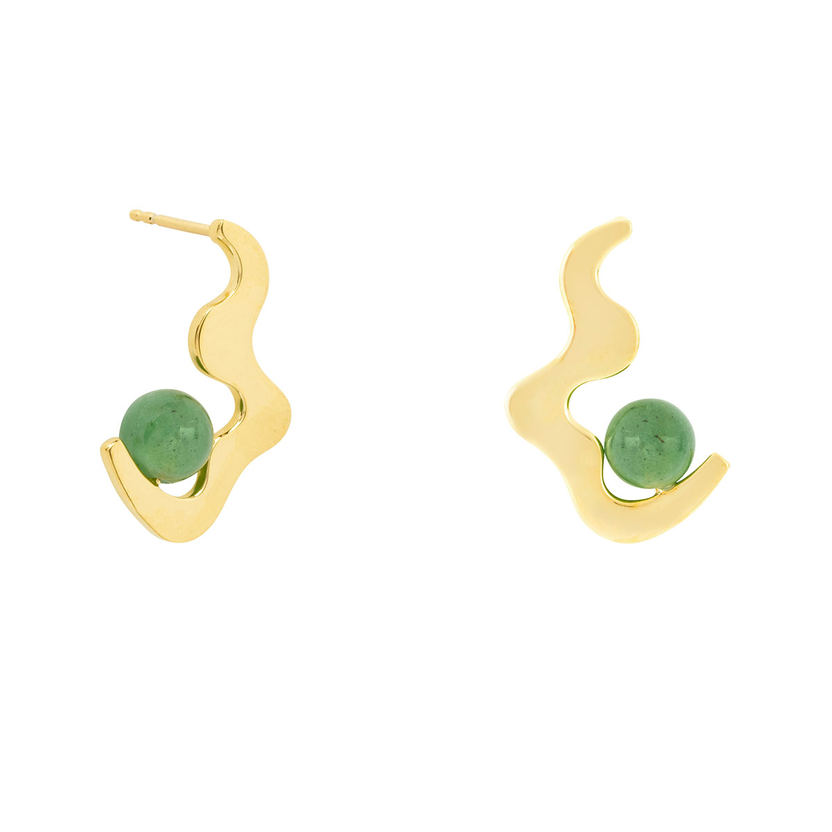 Gold earrings with green stones on a white background