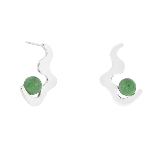 Pair of silver earrings with green stones on a white background