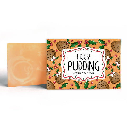 Vegan soap bar with 'Figgy Pudding' packaging on a white background