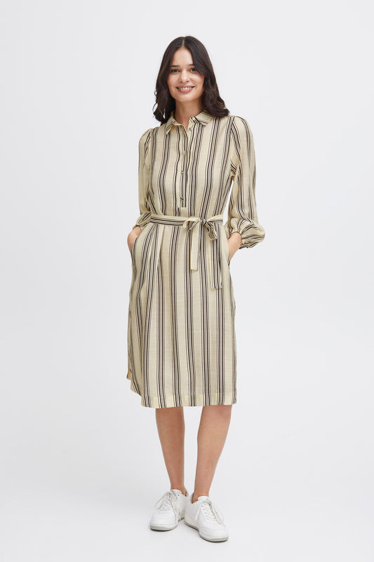 Fransa Ariana Striped Shirt Dress in Birch Mix with a tie at the waist and pockets