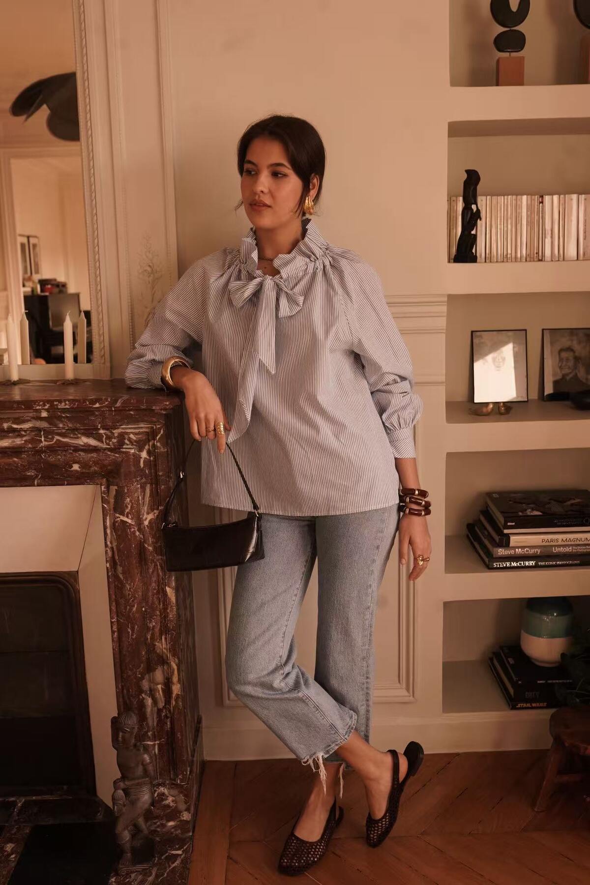 Odette Statement Blouse in Blue Narrow Stripes and large bow