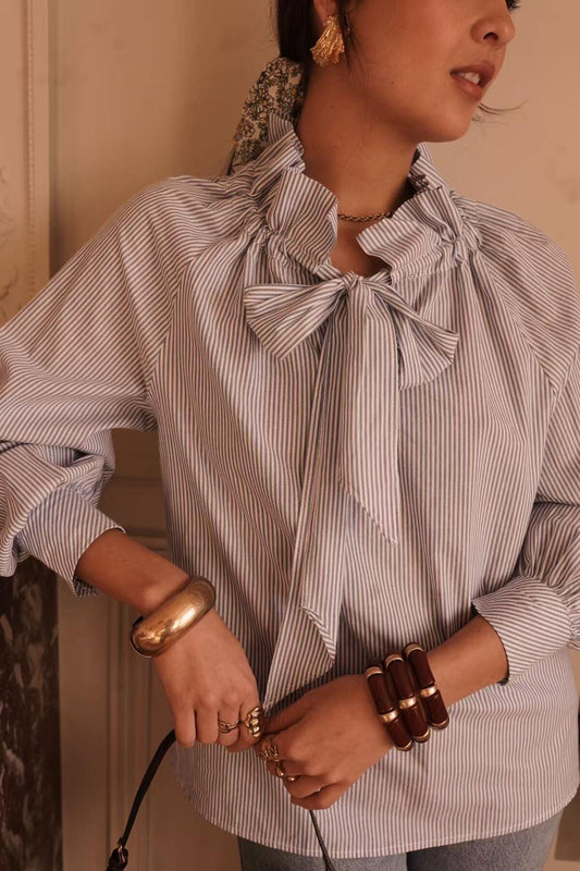 Odette Statement Blouse in Blue Narrow Stripes and Large Bow
