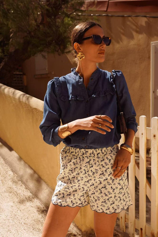 Emmeline Lightweight Denim Ruffle Blouse