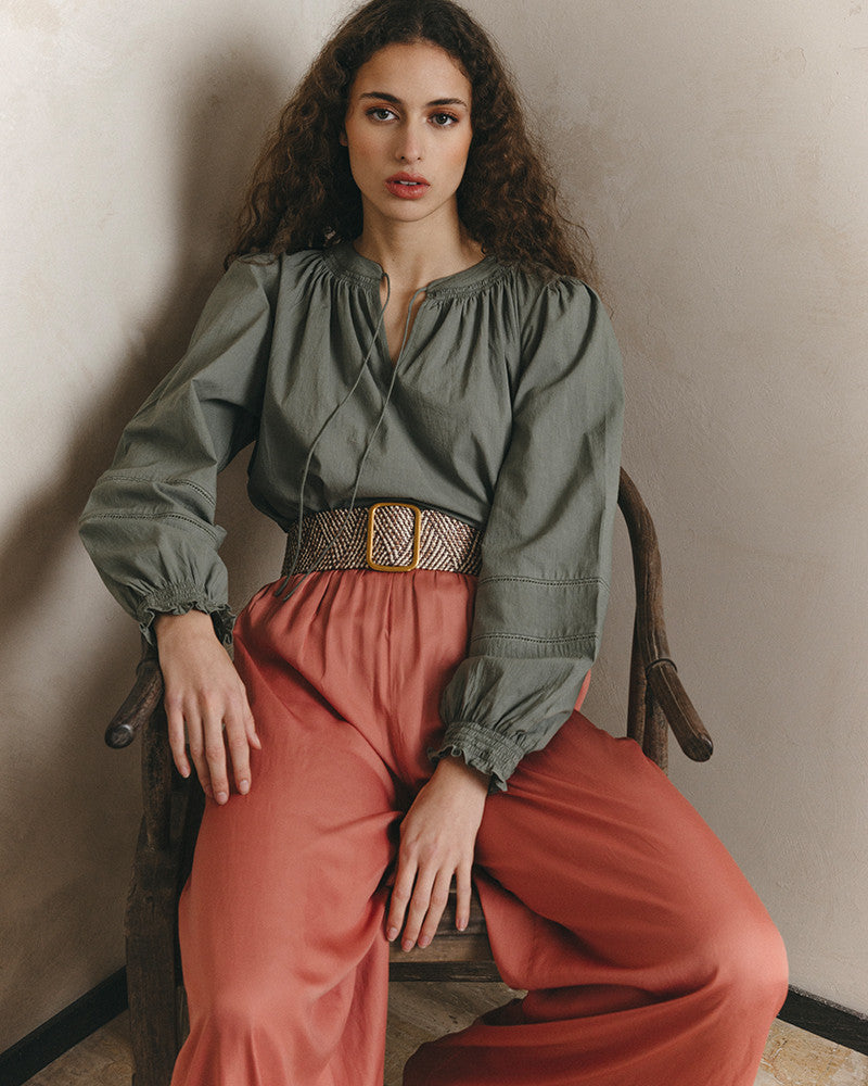 Janice Cotton Blouse in Khaki from Grace & Mila