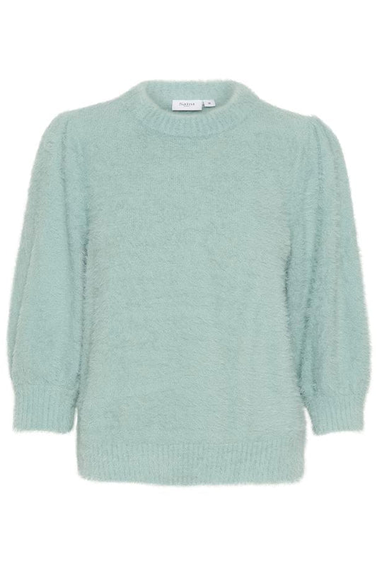 Saint Tropez Banni Pullover in Blue Surf, a super cosy and soft, fluffy pullover with 3/4 length sleeves and a roundneck.