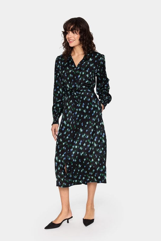 Saint Tropez Tama Dress in Blurry Mini Bloom a long sleeve. v-neck dress in a midi length