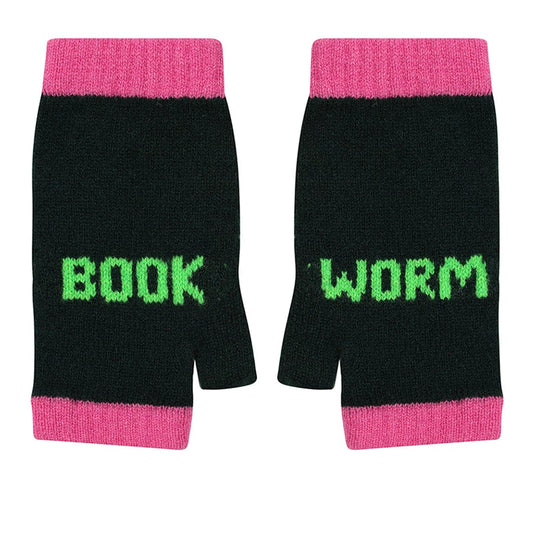 Black & Beech Book Worm Mittens in Forest Green & Neon Green