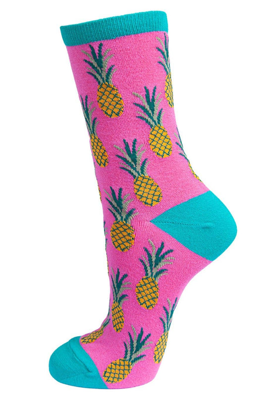 Womens Bamboo Socks Pineapple Print Novelty Ankle Socks Pink 