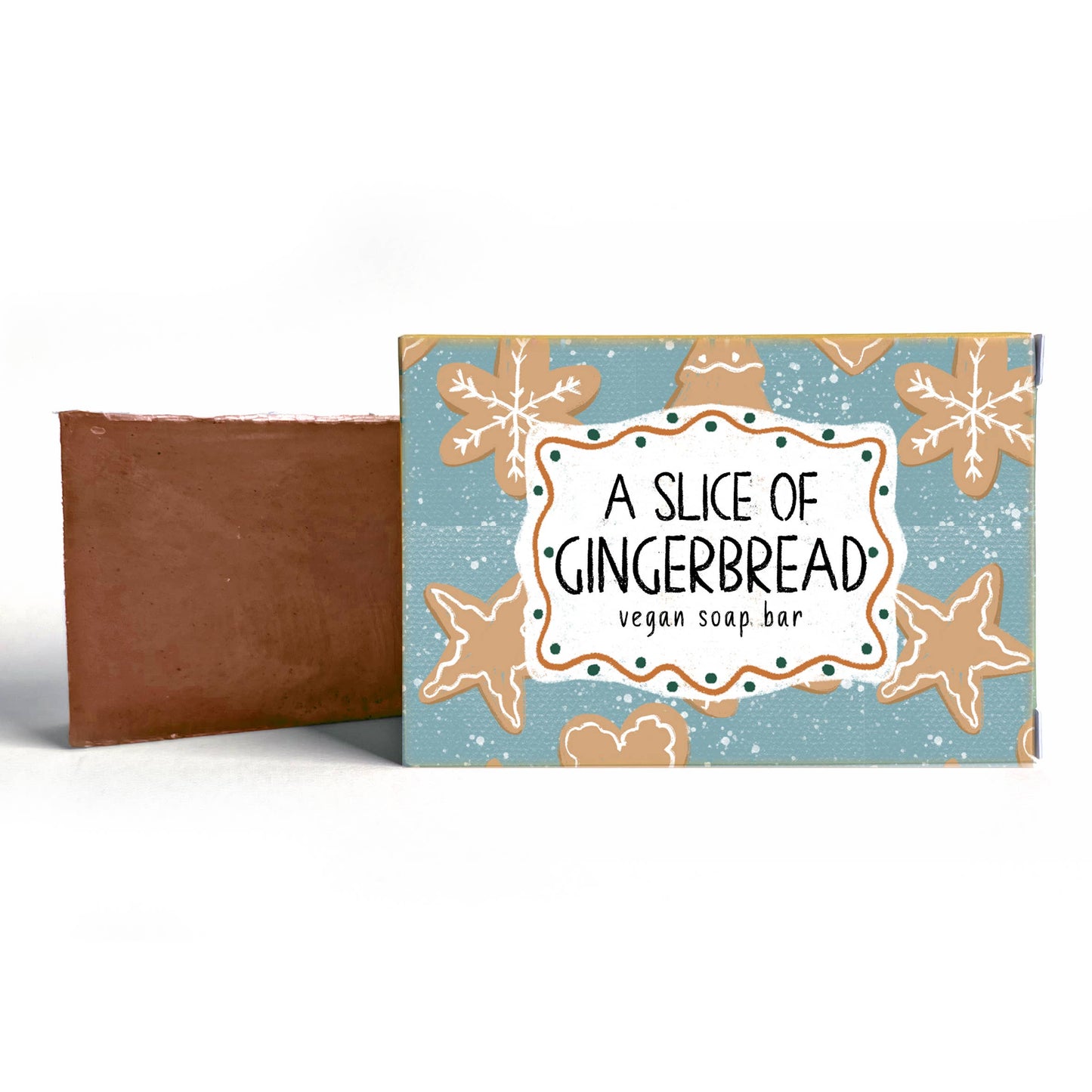 Vegan soap bar with gingerbread design packaging on a white background