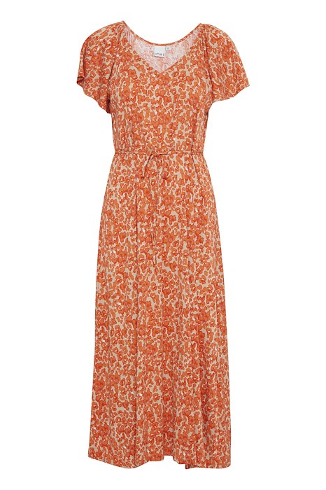 Ichi Aya long length Dress in Coral Rose print with short sleeves and soft V scoop neck