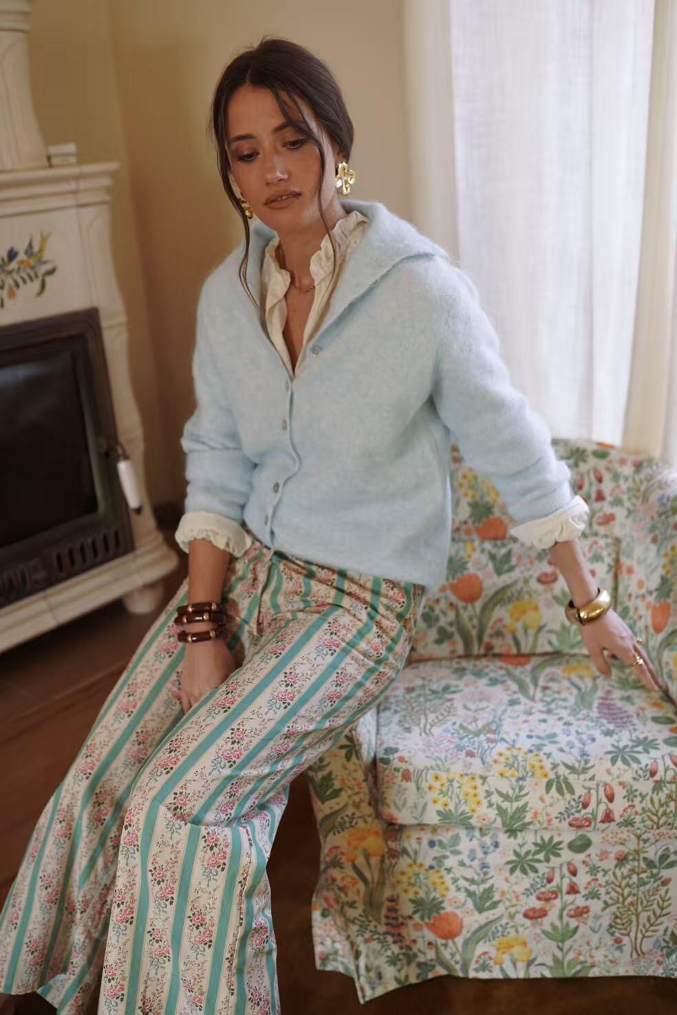 Margot High Button neck Cardigan in Sky