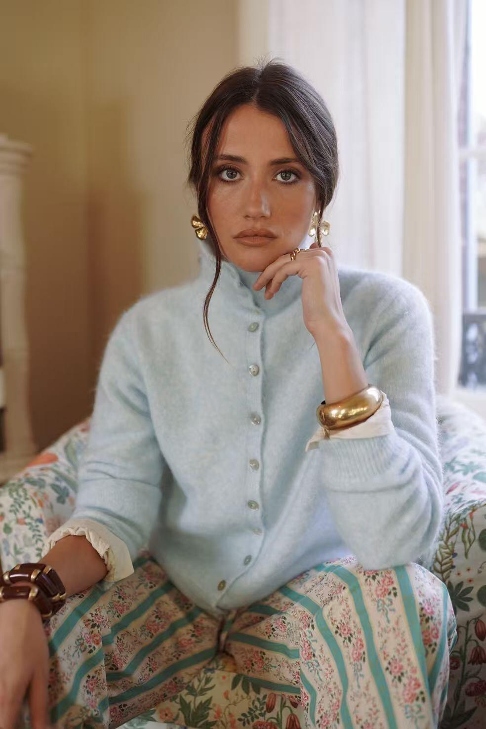 Margot High Button neck Cardigan in Sky