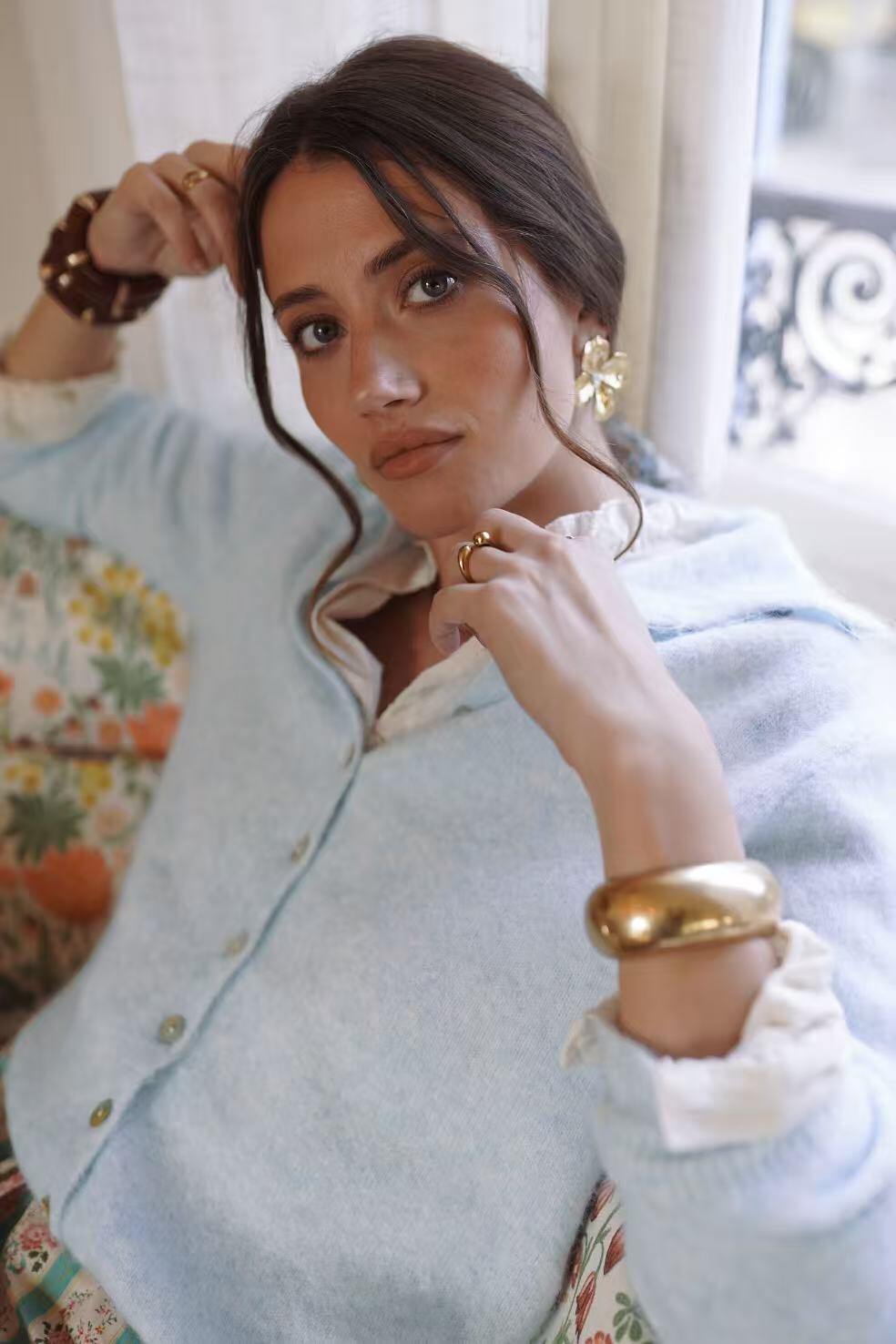 Margot High Button neck Cardigan in Sky