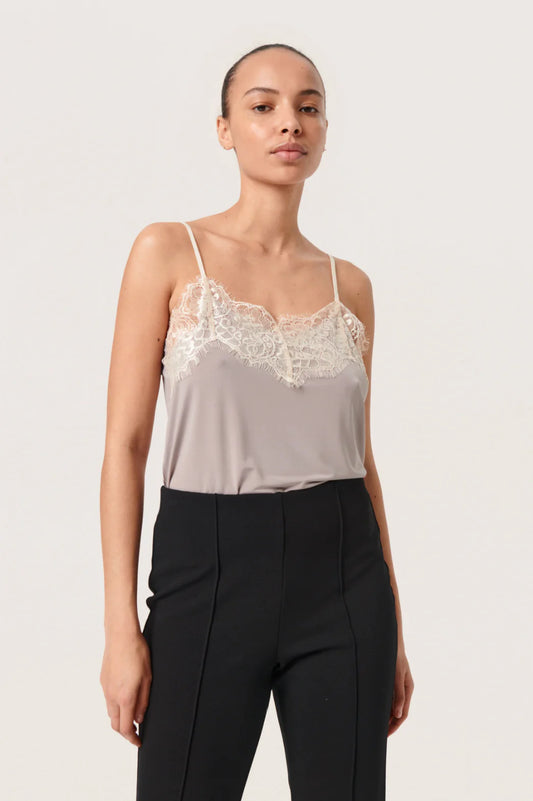 Soaked in Luxury singlet in a pretty zinc colour, spaghetti straps  and with lace trim