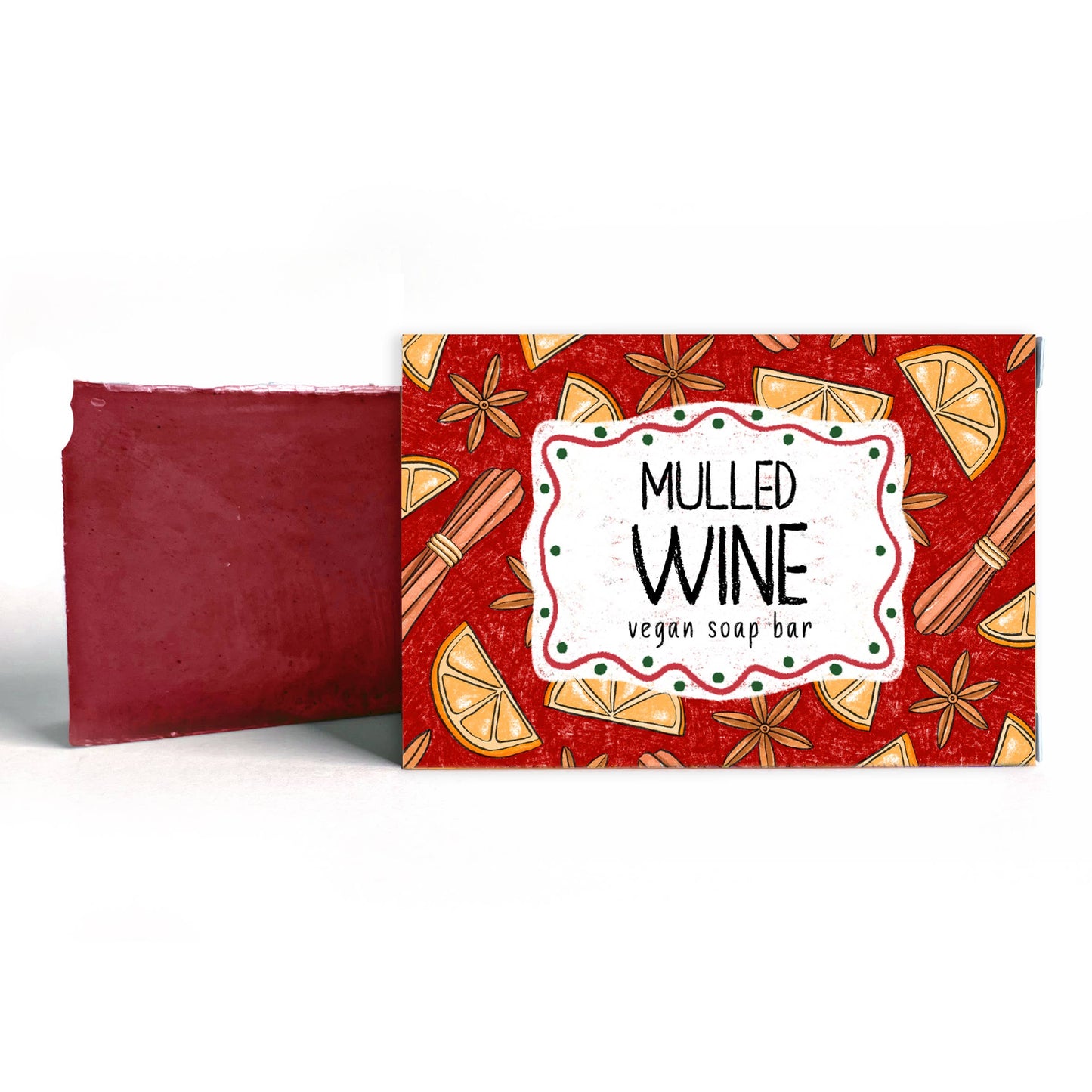 Red vegan soap bar with 'Mulled Wine' label on a white background
