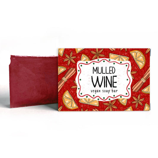 Red vegan soap bar with 'Mulled Wine' label on a white background