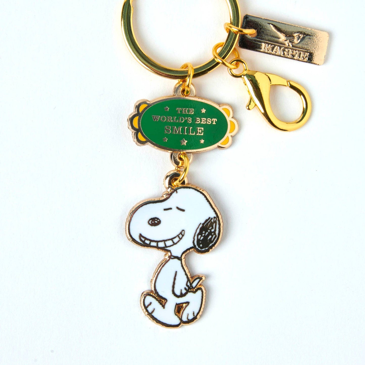 Keychain with a dog charm and 'The World's Best Smile' tag on a white background