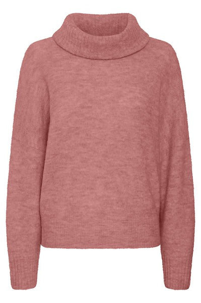 The Ichi Kamara jumper in Heather Rose with a large roll neck and cosy plain knitjumper