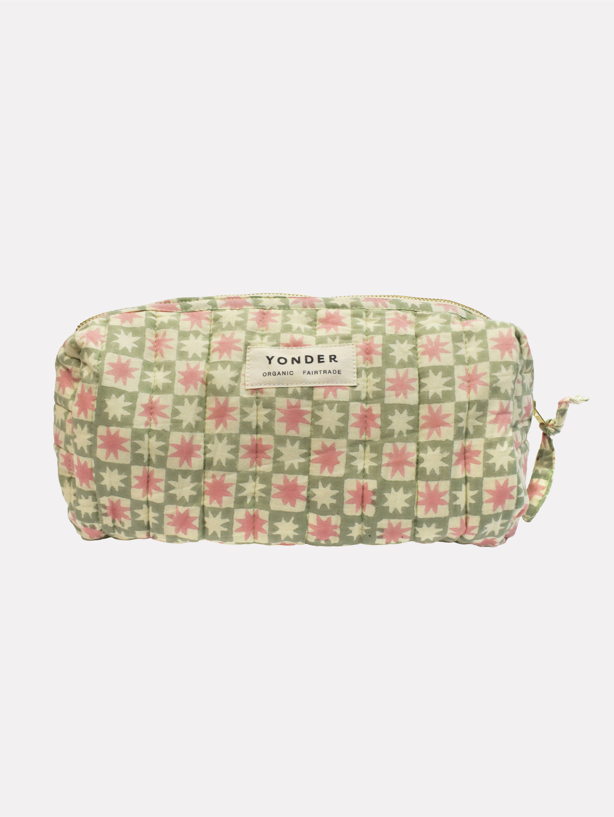 Patterned pouch with 'Yonder' branding on a white background
