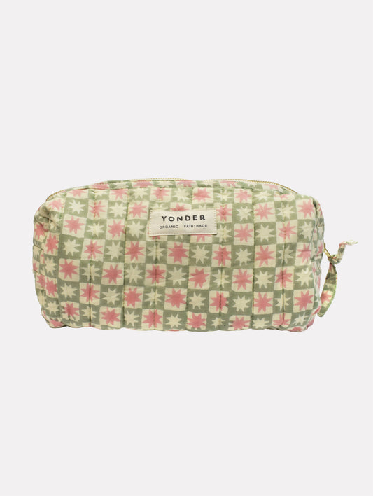 Patterned pouch with 'Yonder' branding on a white background