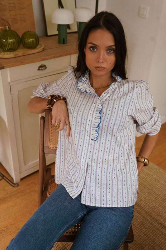 Eliza Printed Stripe Cotton Shirt in Blue