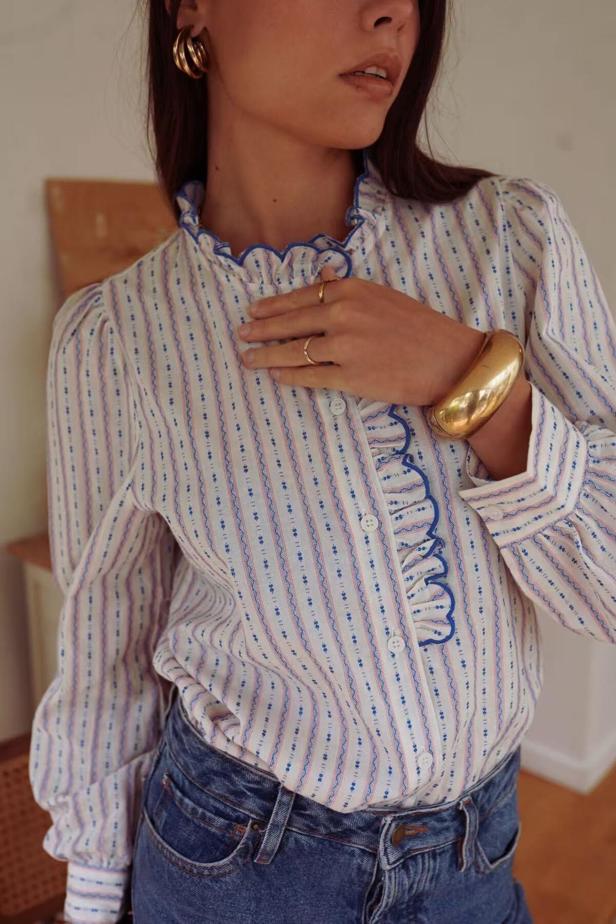 Eliza Printed Stripe Cotton Shirt in Blue