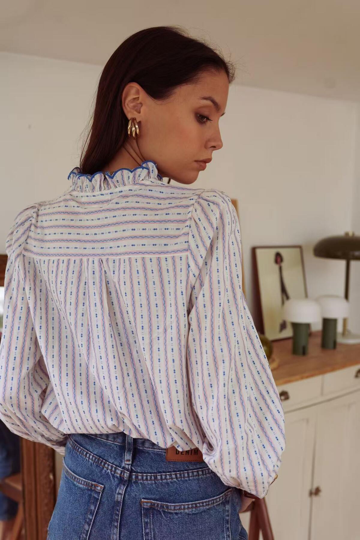Eliza Printed Stripe Cotton Shirt in Blue