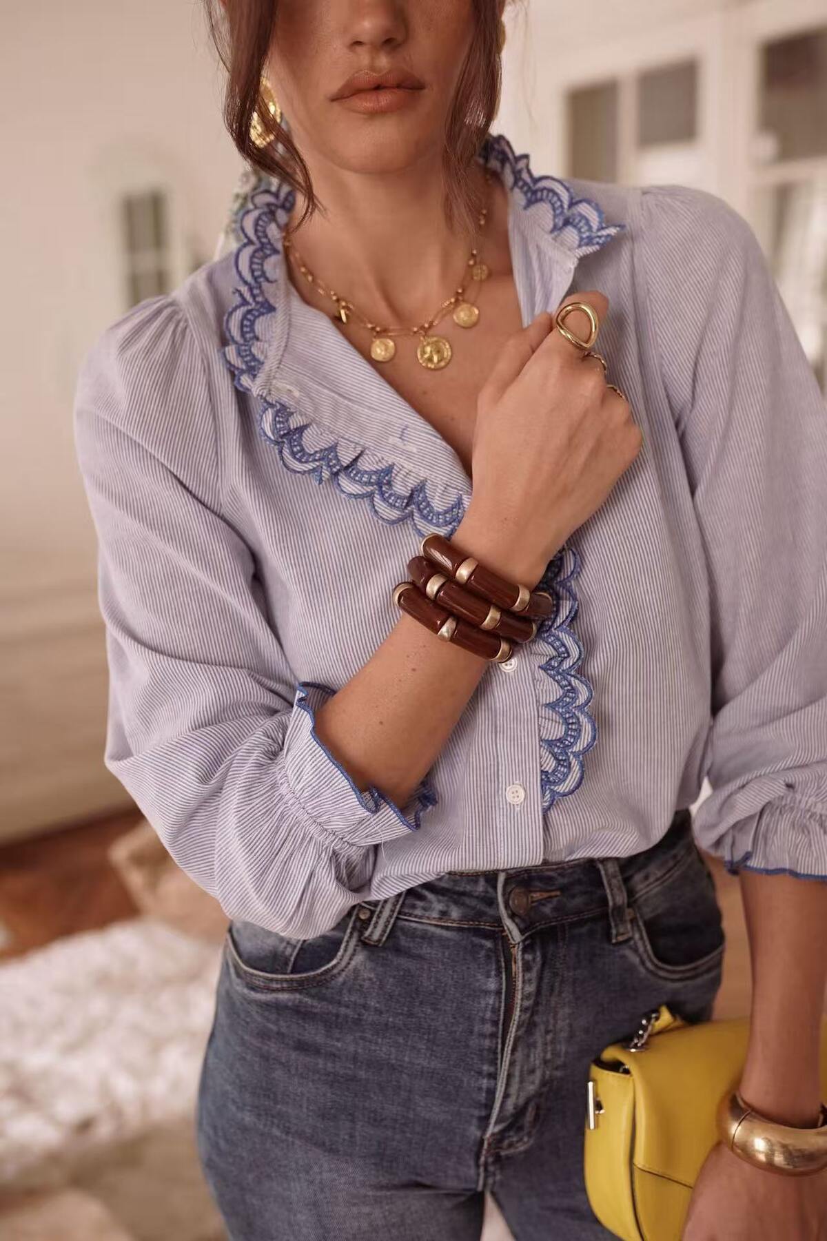 Emille Striped Shirt with contrast Scallop embroidery