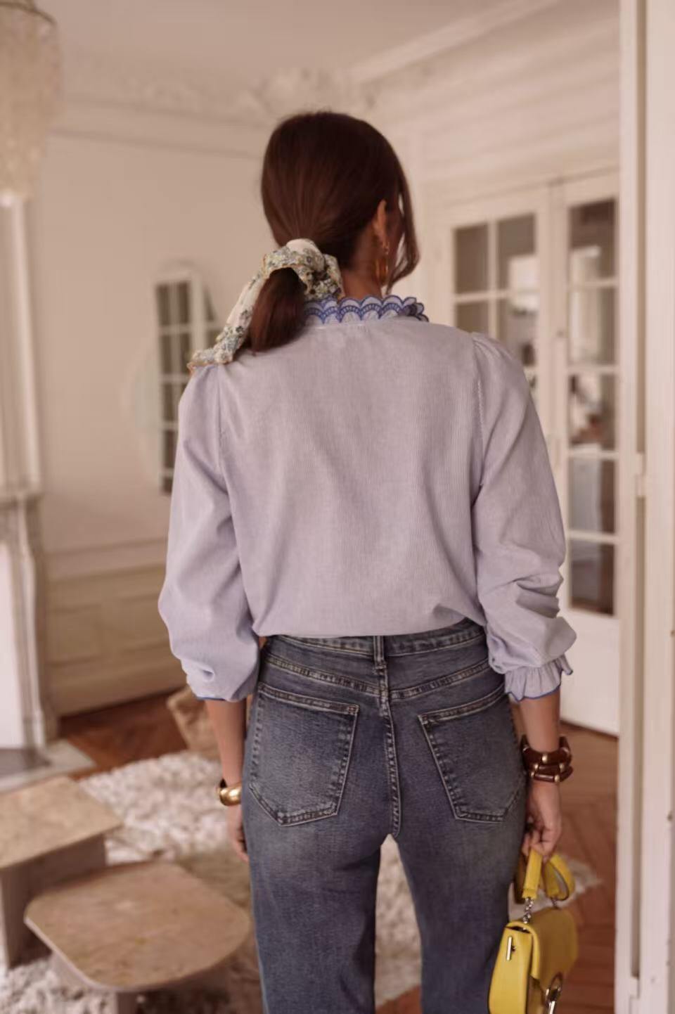 Emille Striped Shirt with contrast Scallop embroidery