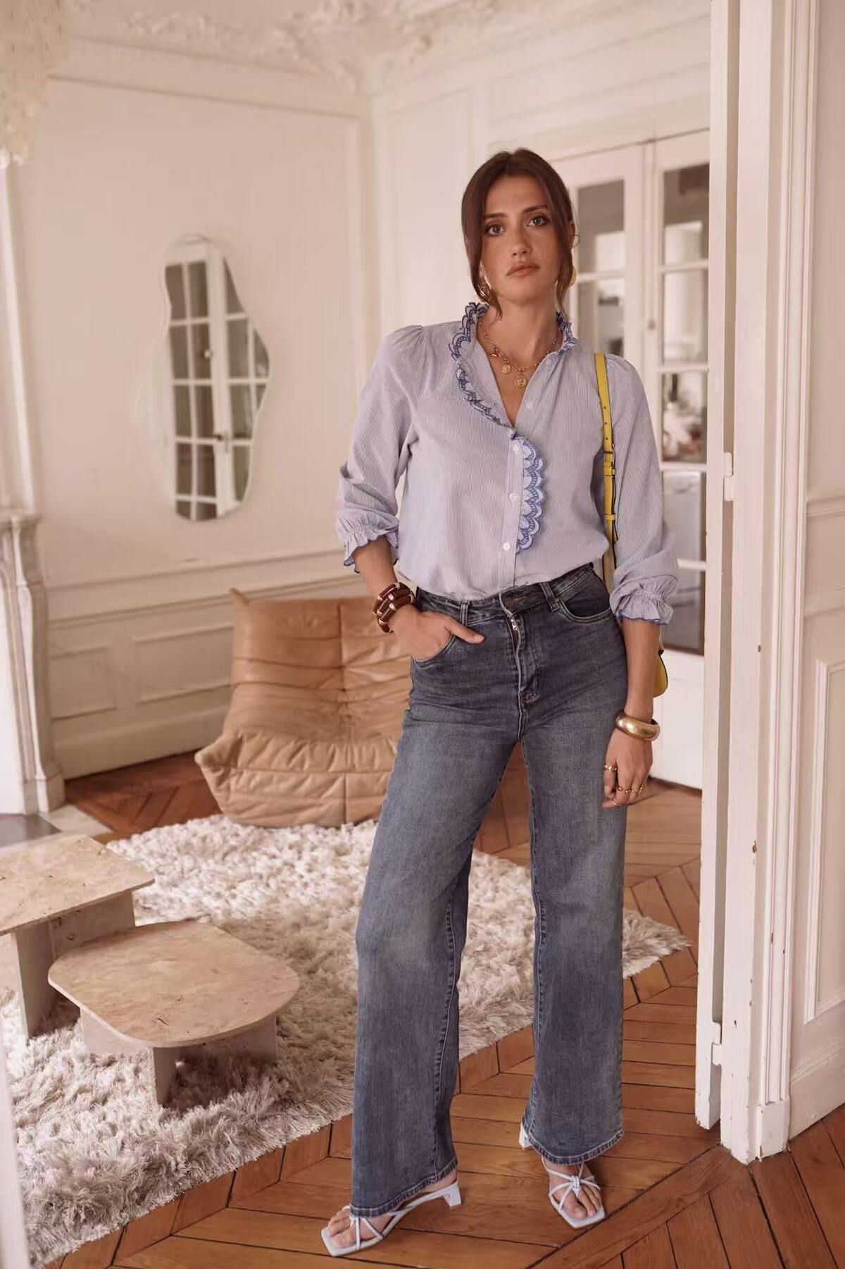 Emille Striped Shirt with contrast Scallop embroidery