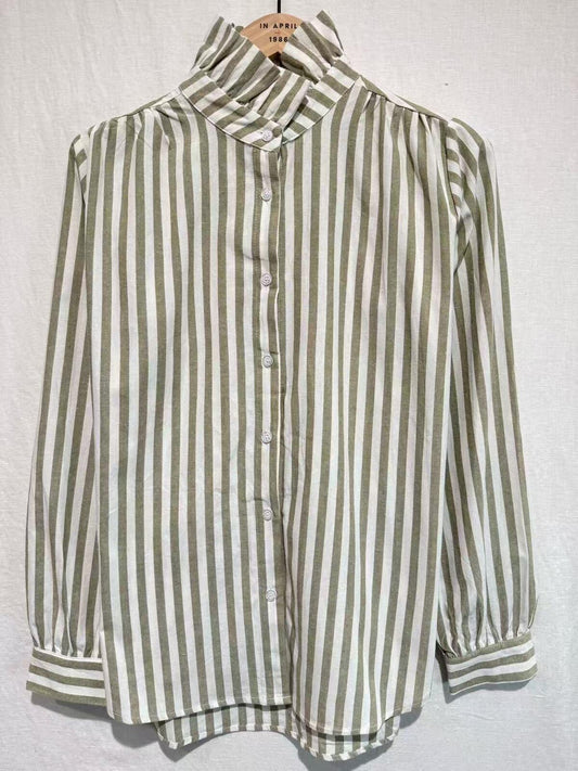 Camille Frill Neck Stripe Shirt in Khaki