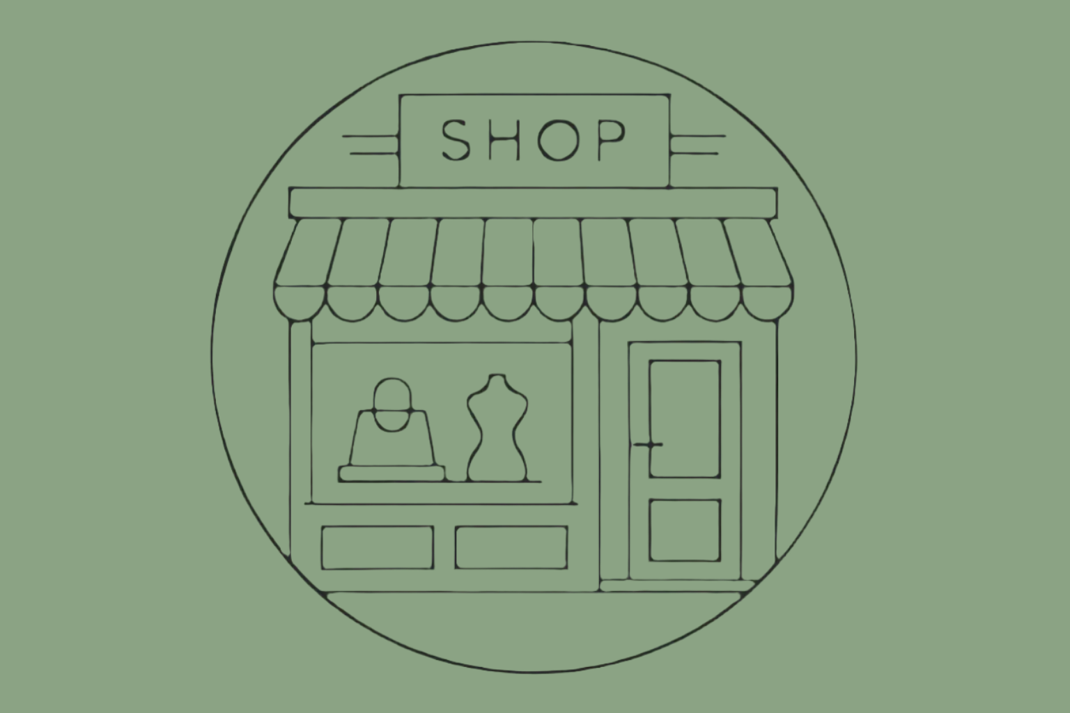 circular image of the outline of a boutique shop no colour