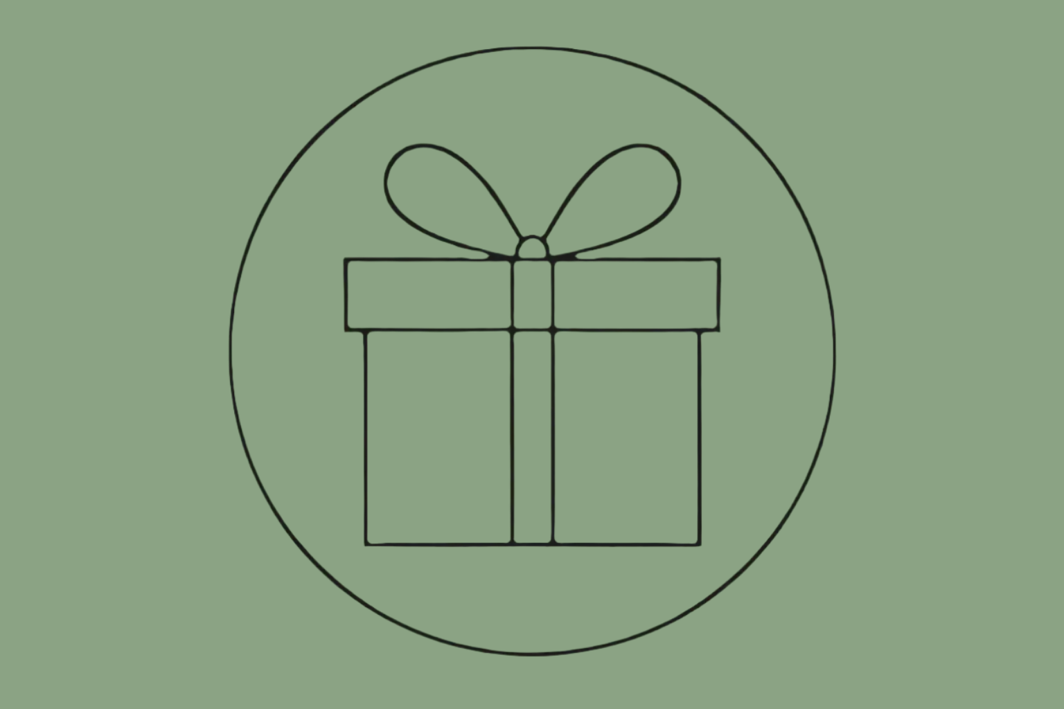 circular image with the outline of a parcel with ribbon no colour
