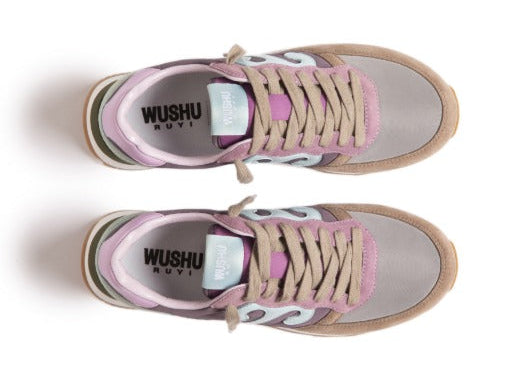 Pair of pink and beige sneakers with 'Wushu Ruyi' branding on a white background