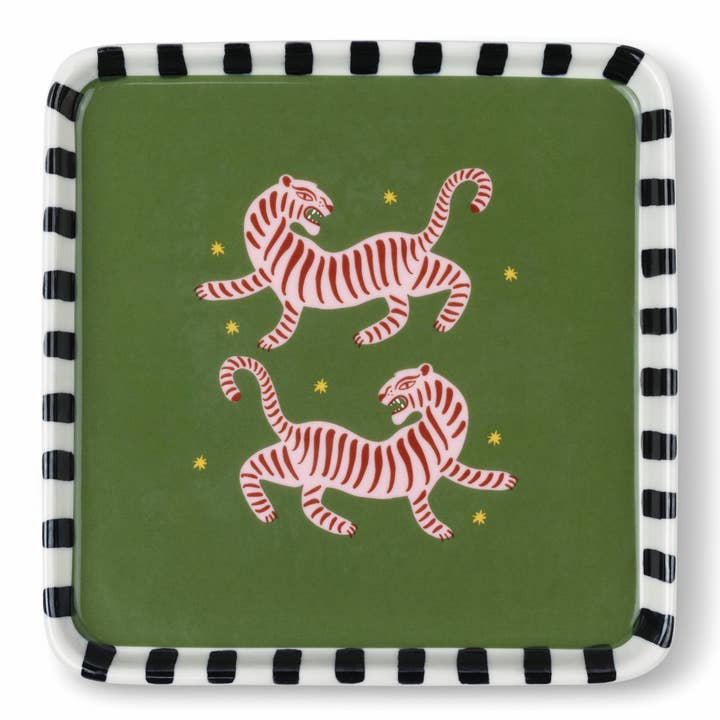 A square green paper plate with a black and white striped border, featuring two red and white striped tigers and small yellow stars.