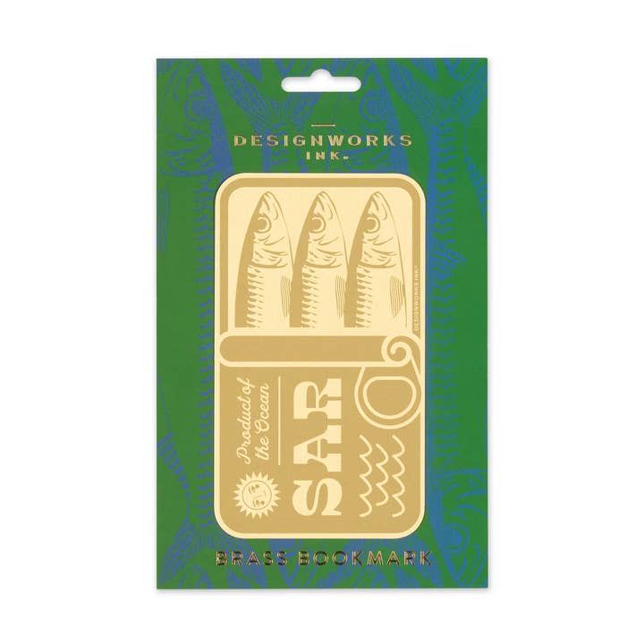 Gold embossed bookmark with 'Sard' design on green packaging