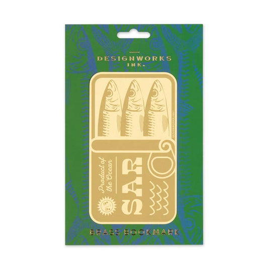 Gold embossed bookmark with 'Sard' design on green packaging
