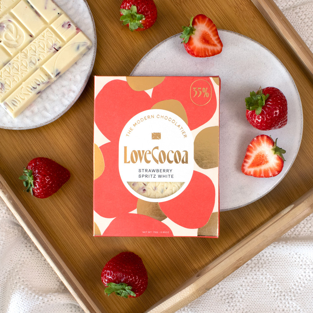 Love Cocoa Champagne and Strawberry White Chocolate Bar