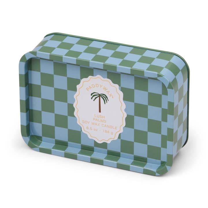 Checkered tin box with a palm tree label on a white background
