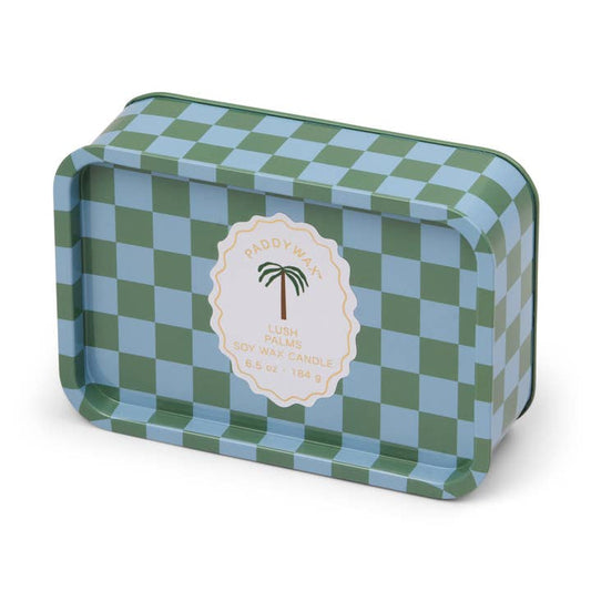 Checkered tin box with a palm tree label on a white background