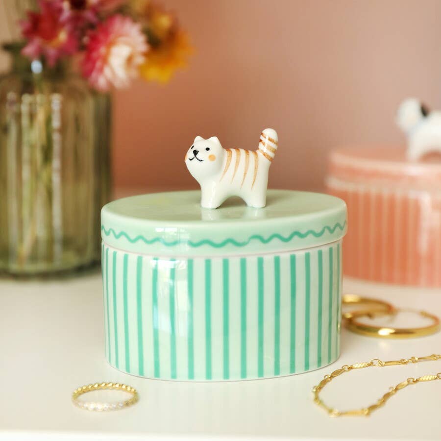 Lisa Angel - Green Oval Ceramic Cat Trinket Pot