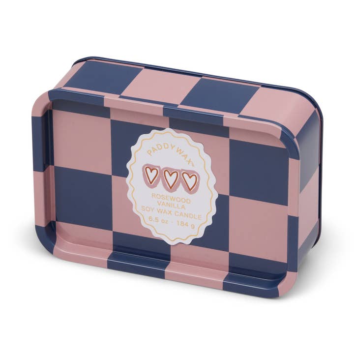 Checkered tin box with a label on a white background