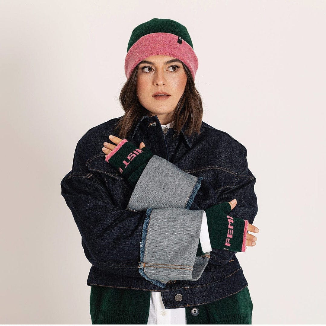 Black & Beech Feminist Fingerless Mittens in Forest Green & French Rose