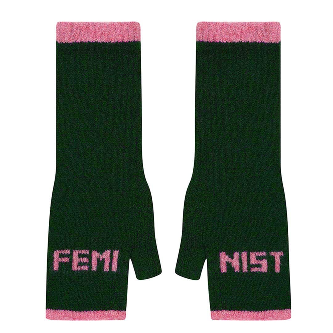 Black & Beech Feminist Fingerless Mittens in Forest Green & French Rose