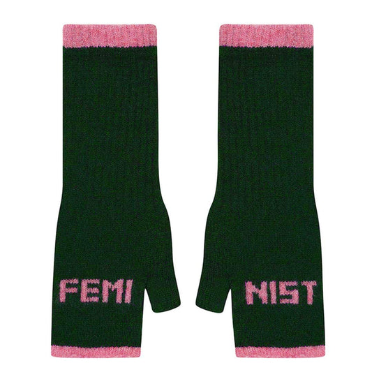 Black & Beech Feminist Fingerless Mittens in Forest Green & French Rose