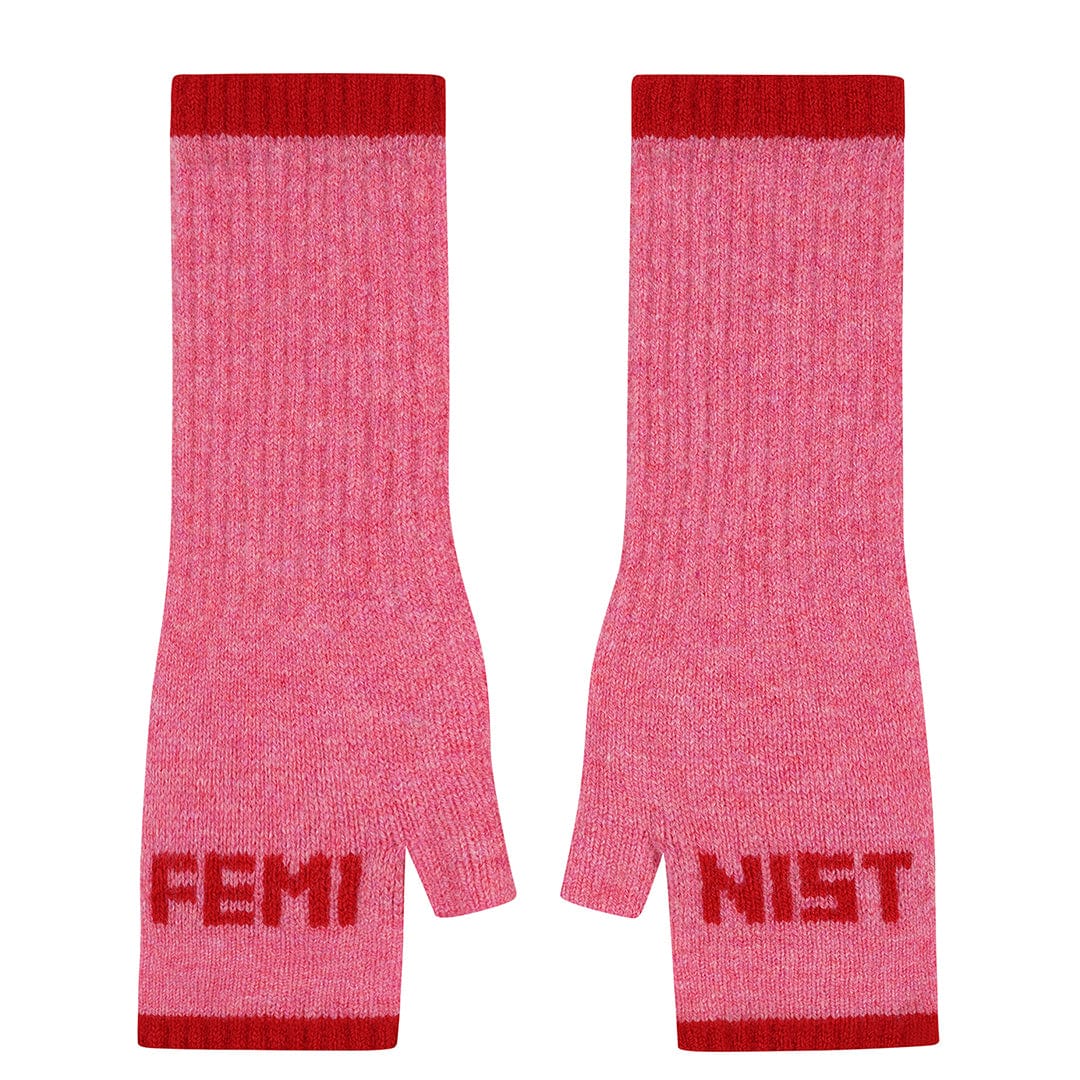 Black & Beech Feminist Fingerless Mittens in French Rose & Rouge